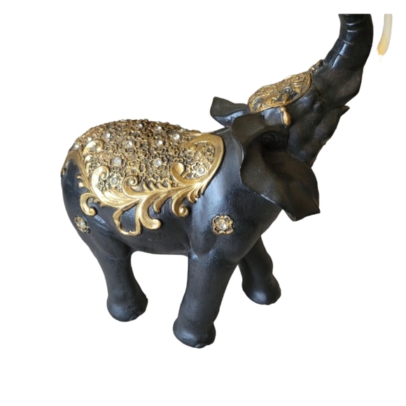 Black Resin Ornate Rhinestone Encrusted Elephant India Trunk Up - Picture 3 of 6